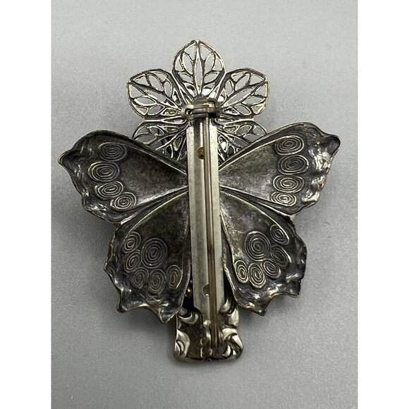 Vintage Rogers Signed Angel Brooch Pin Silver Plate Red Stone 1.5” Floral Bow - Picture 3 of 7